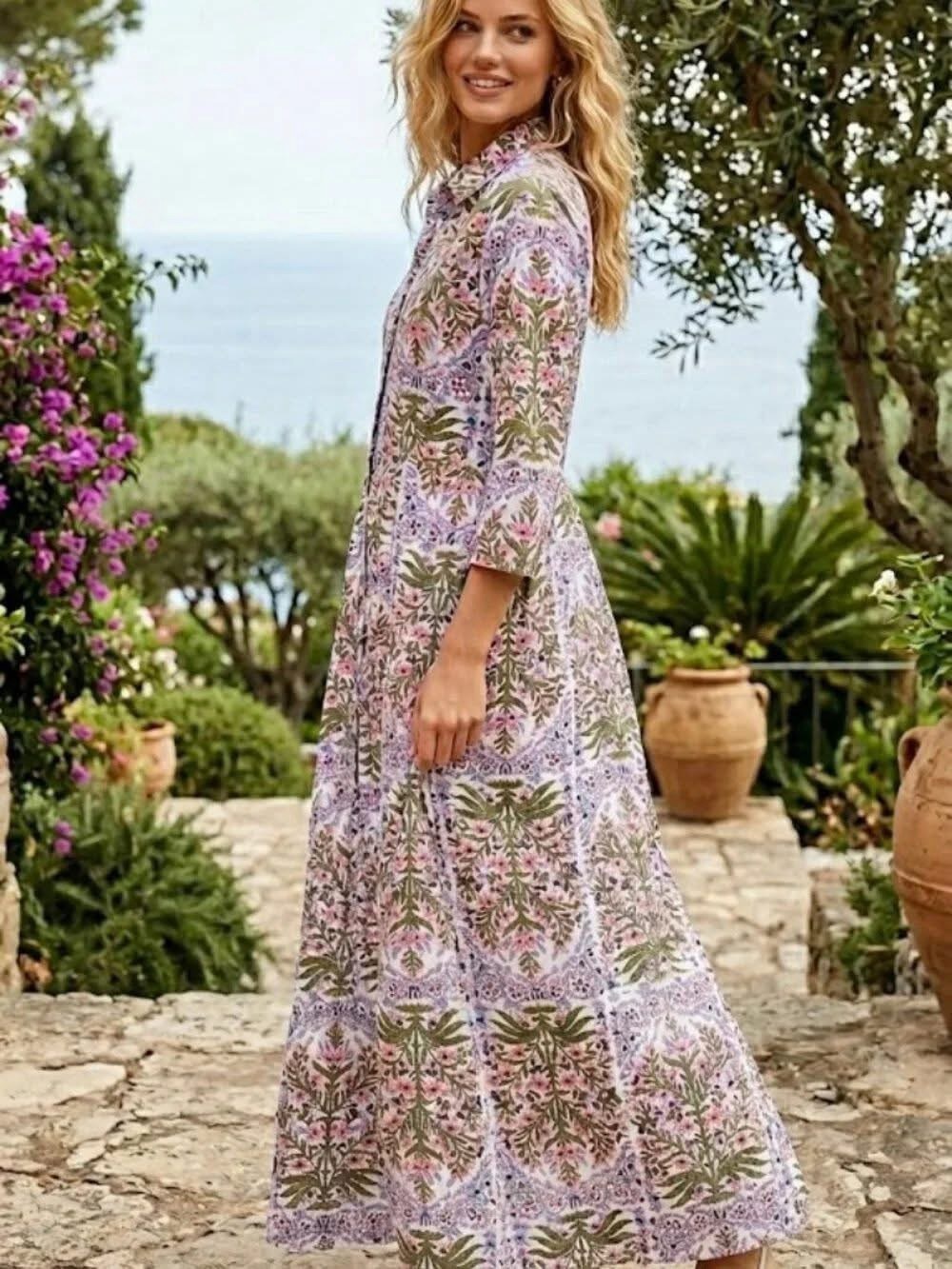 Julia Amory India JA Shirt Dress Maxi Button Mughal Jardin Floral Block Print S